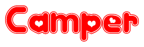 The image is a clipart featuring the word Camper written in a stylized font with a heart shape replacing inserted into the center of each letter. The color scheme of the text and hearts is red with a light outline.