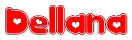The image is a red and white graphic with the word Dellana written in a decorative script. Each letter in  is contained within its own outlined bubble-like shape. Inside each letter, there is a white heart symbol.