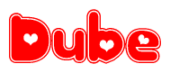   The image is a clipart featuring the word Dube written in a stylized font with a heart shape replacing inserted into the center of each letter. The color scheme of the text and hearts is red with a light outline. 
