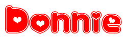The image is a clipart featuring the word Donnie written in a stylized font with a heart shape replacing inserted into the center of each letter. The color scheme of the text and hearts is red with a light outline.
