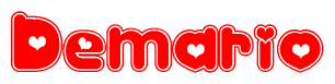 The image is a clipart featuring the word Demario written in a stylized font with a heart shape replacing inserted into the center of each letter. The color scheme of the text and hearts is red with a light outline.