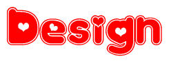 The image is a red and white graphic with the word Design written in a decorative script. Each letter in  is contained within its own outlined bubble-like shape. Inside each letter, there is a white heart symbol.
