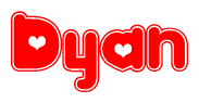 The image is a red and white graphic with the word Dyan written in a decorative script. Each letter in  is contained within its own outlined bubble-like shape. Inside each letter, there is a white heart symbol.