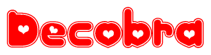 The image is a clipart featuring the word Decobra written in a stylized font with a heart shape replacing inserted into the center of each letter. The color scheme of the text and hearts is red with a light outline.