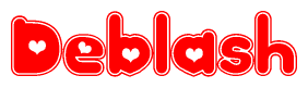 The image is a red and white graphic with the word Deblash written in a decorative script. Each letter in  is contained within its own outlined bubble-like shape. Inside each letter, there is a white heart symbol.