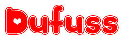 The image is a clipart featuring the word Dufuss written in a stylized font with a heart shape replacing inserted into the center of each letter. The color scheme of the text and hearts is red with a light outline.