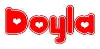 The image is a red and white graphic with the word Doyla written in a decorative script. Each letter in  is contained within its own outlined bubble-like shape. Inside each letter, there is a white heart symbol.