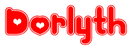The image is a red and white graphic with the word Dorlyth written in a decorative script. Each letter in  is contained within its own outlined bubble-like shape. Inside each letter, there is a white heart symbol.