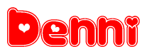 The image is a red and white graphic with the word Denni written in a decorative script. Each letter in  is contained within its own outlined bubble-like shape. Inside each letter, there is a white heart symbol.