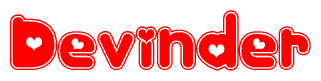The image is a clipart featuring the word Devinder written in a stylized font with a heart shape replacing inserted into the center of each letter. The color scheme of the text and hearts is red with a light outline.