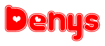 The image is a red and white graphic with the word Denys written in a decorative script. Each letter in  is contained within its own outlined bubble-like shape. Inside each letter, there is a white heart symbol.