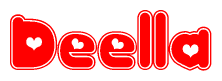 The image is a red and white graphic with the word Deella written in a decorative script. Each letter in  is contained within its own outlined bubble-like shape. Inside each letter, there is a white heart symbol.
