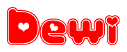 The image is a clipart featuring the word Dewi written in a stylized font with a heart shape replacing inserted into the center of each letter. The color scheme of the text and hearts is red with a light outline.