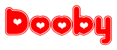 The image is a red and white graphic with the word Dooby written in a decorative script. Each letter in  is contained within its own outlined bubble-like shape. Inside each letter, there is a white heart symbol.