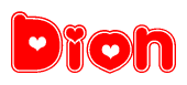 The image displays the word Dion written in a stylized red font with hearts inside the letters.
