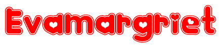 The image displays the word Evamargriet written in a stylized red font with hearts inside the letters.