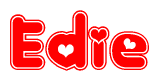 The image is a clipart featuring the word Edie written in a stylized font with a heart shape replacing inserted into the center of each letter. The color scheme of the text and hearts is red with a light outline.