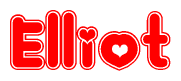The image is a red and white graphic with the word Elliot written in a decorative script. Each letter in  is contained within its own outlined bubble-like shape. Inside each letter, there is a white heart symbol.
