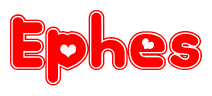 The image is a red and white graphic with the word Ephes written in a decorative script. Each letter in  is contained within its own outlined bubble-like shape. Inside each letter, there is a white heart symbol.