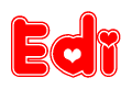 The image is a red and white graphic with the word Edi written in a decorative script. Each letter in  is contained within its own outlined bubble-like shape. Inside each letter, there is a white heart symbol.