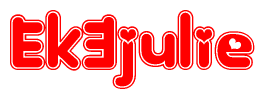 The image is a red and white graphic with the word Ek3julie written in a decorative script. Each letter in  is contained within its own outlined bubble-like shape. Inside each letter, there is a white heart symbol.