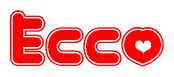 The image is a red and white graphic with the word Ecco written in a decorative script. Each letter in  is contained within its own outlined bubble-like shape. Inside each letter, there is a white heart symbol.