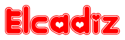 The image is a red and white graphic with the word Elcadiz written in a decorative script. Each letter in  is contained within its own outlined bubble-like shape. Inside each letter, there is a white heart symbol.