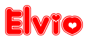 The image is a red and white graphic with the word Elvio written in a decorative script. Each letter in  is contained within its own outlined bubble-like shape. Inside each letter, there is a white heart symbol.