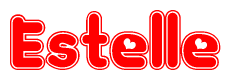 The image is a red and white graphic with the word Estelle written in a decorative script. Each letter in  is contained within its own outlined bubble-like shape. Inside each letter, there is a white heart symbol.
