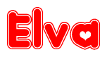 The image is a red and white graphic with the word Elva written in a decorative script. Each letter in  is contained within its own outlined bubble-like shape. Inside each letter, there is a white heart symbol.