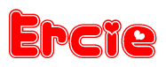 The image is a red and white graphic with the word Ercie written in a decorative script. Each letter in  is contained within its own outlined bubble-like shape. Inside each letter, there is a white heart symbol.