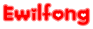 The image displays the word Ewilfong written in a stylized red font with hearts inside the letters.