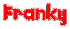 The image is a red and white graphic with the word Franky written in a decorative script. Each letter in  is contained within its own outlined bubble-like shape. Inside each letter, there is a white heart symbol.