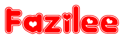 The image is a red and white graphic with the word Fazilee written in a decorative script. Each letter in  is contained within its own outlined bubble-like shape. Inside each letter, there is a white heart symbol.