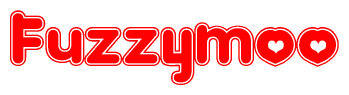 The image is a clipart featuring the word Fuzzymoo written in a stylized font with a heart shape replacing inserted into the center of each letter. The color scheme of the text and hearts is red with a light outline.