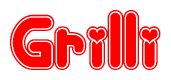 The image is a clipart featuring the word Grilli written in a stylized font with a heart shape replacing inserted into the center of each letter. The color scheme of the text and hearts is red with a light outline.