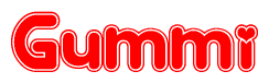The image is a clipart featuring the word Gummi written in a stylized font with a heart shape replacing inserted into the center of each letter. The color scheme of the text and hearts is red with a light outline.