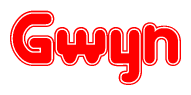 The image is a clipart featuring the word Gwyn written in a stylized font with a heart shape replacing inserted into the center of each letter. The color scheme of the text and hearts is red with a light outline.