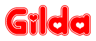 The image is a red and white graphic with the word Gilda written in a decorative script. Each letter in  is contained within its own outlined bubble-like shape. Inside each letter, there is a white heart symbol.