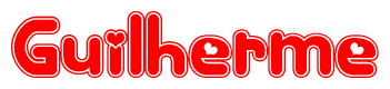 The image is a red and white graphic with the word Guilherme written in a decorative script. Each letter in  is contained within its own outlined bubble-like shape. Inside each letter, there is a white heart symbol.