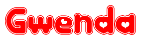 The image is a clipart featuring the word Gwenda written in a stylized font with a heart shape replacing inserted into the center of each letter. The color scheme of the text and hearts is red with a light outline.