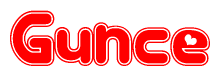 The image is a red and white graphic with the word Gunce written in a decorative script. Each letter in  is contained within its own outlined bubble-like shape. Inside each letter, there is a white heart symbol.
