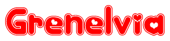 The image is a red and white graphic with the word Grenelvia written in a decorative script. Each letter in  is contained within its own outlined bubble-like shape. Inside each letter, there is a white heart symbol.