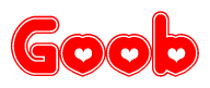 The image is a red and white graphic with the word Goob written in a decorative script. Each letter in  is contained within its own outlined bubble-like shape. Inside each letter, there is a white heart symbol.