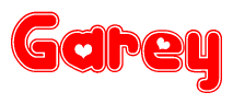 The image is a red and white graphic with the word Garey written in a decorative script. Each letter in  is contained within its own outlined bubble-like shape. Inside each letter, there is a white heart symbol.