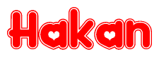 The image is a red and white graphic with the word Hakan written in a decorative script. Each letter in  is contained within its own outlined bubble-like shape. Inside each letter, there is a white heart symbol.