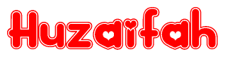 The image displays the word Huzaifah written in a stylized red font with hearts inside the letters.