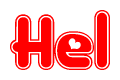 The image is a red and white graphic with the word Hel written in a decorative script. Each letter in  is contained within its own outlined bubble-like shape. Inside each letter, there is a white heart symbol.