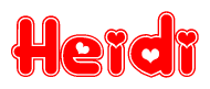 The image is a red and white graphic with the word Heidi written in a decorative script. Each letter in  is contained within its own outlined bubble-like shape. Inside each letter, there is a white heart symbol.