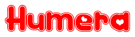 The image is a clipart featuring the word Humera written in a stylized font with a heart shape replacing inserted into the center of each letter. The color scheme of the text and hearts is red with a light outline.